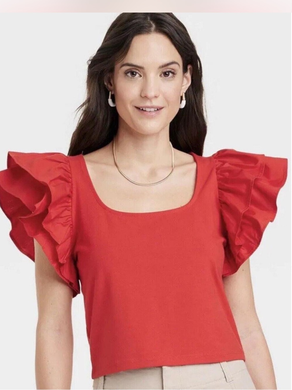 a new day Red Ruffle Sleeve Crop Top